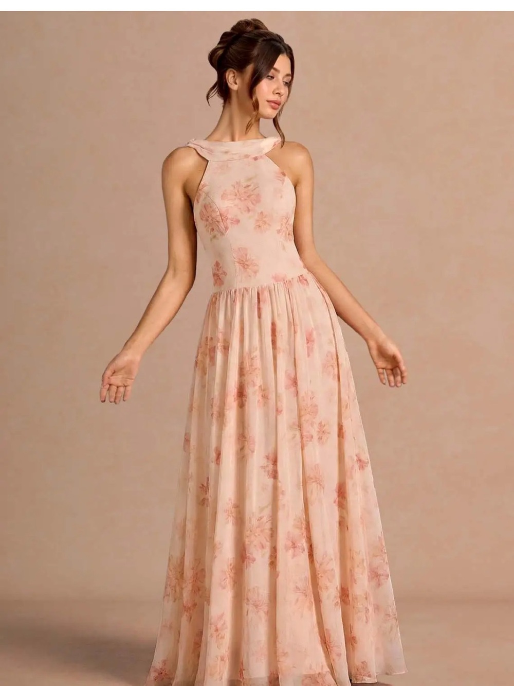 Azazie Bridesmaid Blush Pink Floral Halter Dress - Picture 3 of 6